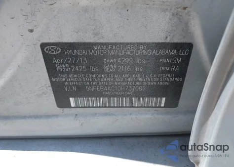 2013 Hyundai Sonata Gls z USA, uszkodzony, nr VIN 5NPEB4AC1DH737085